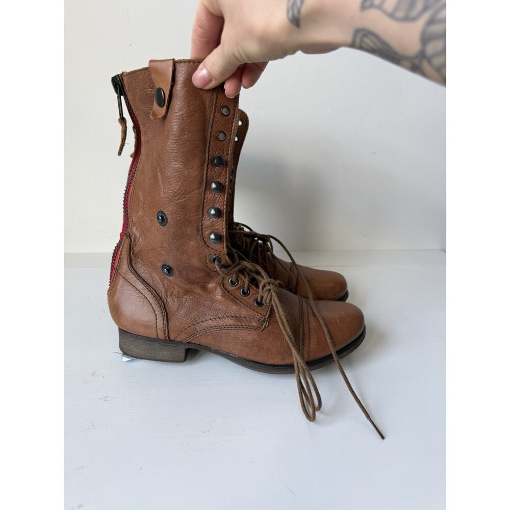 Steve Madden Troopa Brown Leather Zip Lace Up Combat Boots Womens Sz 8.5 M Boho